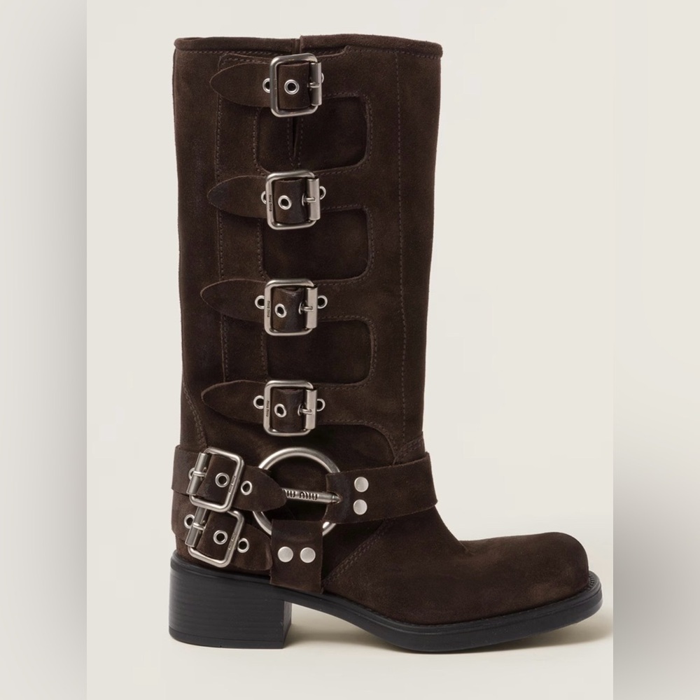 Miu Miu Brown Suede Buckle Knee-High Boots - Picture 5 of 10